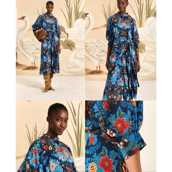 $298 NWT FARM RIO Blue & Red Arabesque Floral Midi Dress –  Medium - Picture 5 of 15